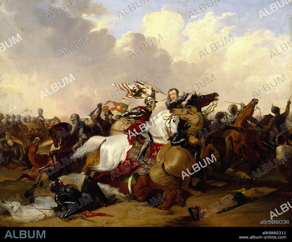 The Battle of Bosworth or Bosworth Field was the last significant battle of the Wars of the Roses, the civil war between the Houses of Lancaster and York that stretched across England in the second half of the 15th century, 22 August 1485, Historical, digitally restored reproduction from an original of the period.