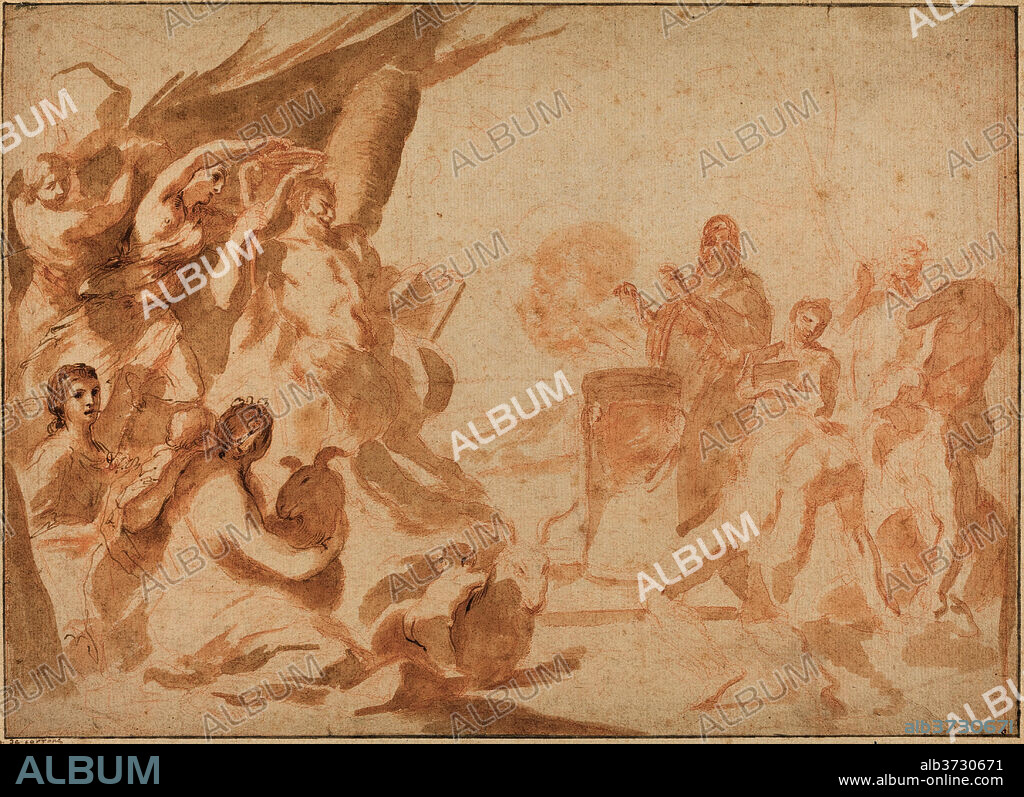 ANDREA SACCHI. A Sacrifice to Pan. Dated: early 1630s. Dimensions: overall: 30.6 x 42.3 cm (12 1/16 x 16 5/8 in.). Medium: pen and brown ink and wash over red chalk on laid paper; laid down.