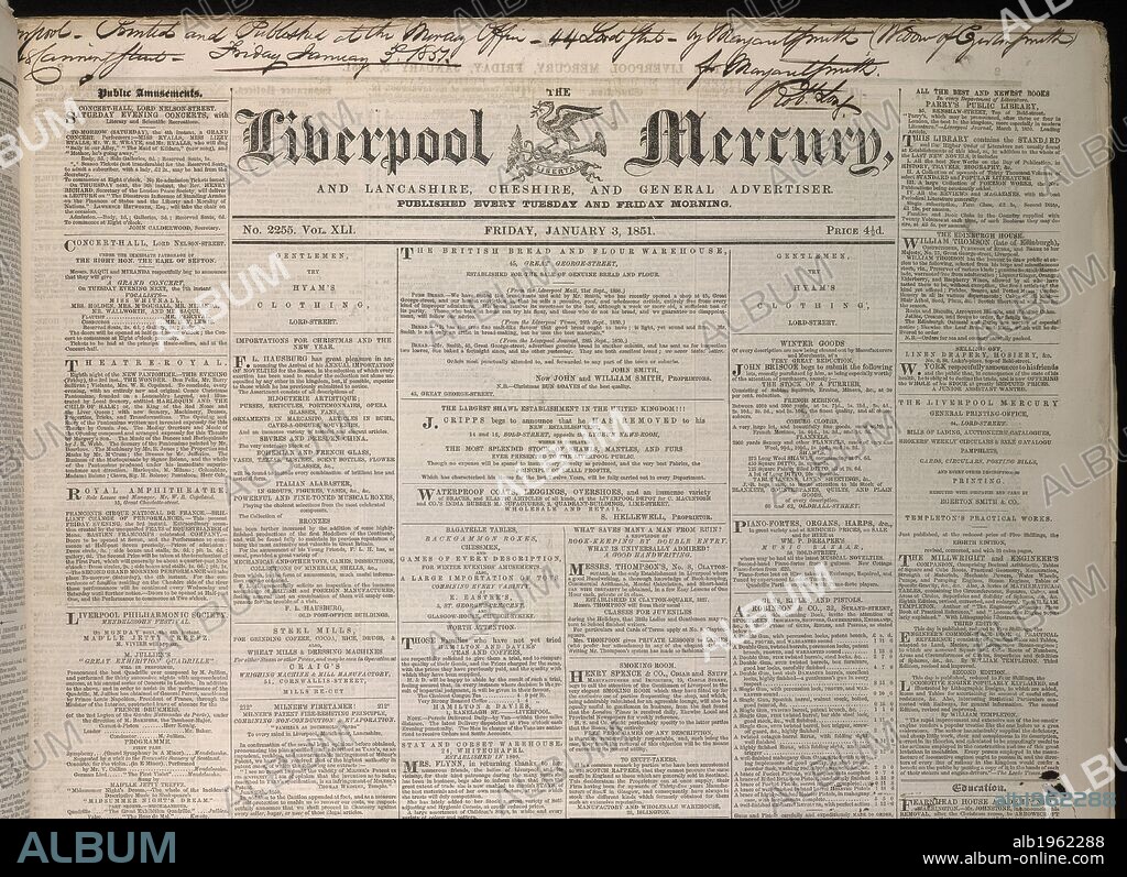 Front Page of the Liverpool Mercury. A daily newspaper for Liverpool.  Dated the 3rd January 1851. Liverpool Mercury, etc. Liverpool. Source: Liverpool Mercury 03/01/1851. Language: English.