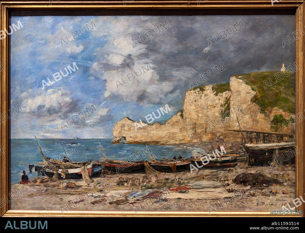 Eugène Boudin (Honfleur 1824 - Deauville 1898), Étretat, la falaise Amont dit aussi Barques de pêche. à Étretat, 1896, Musée d'Orsay, Paris, France.