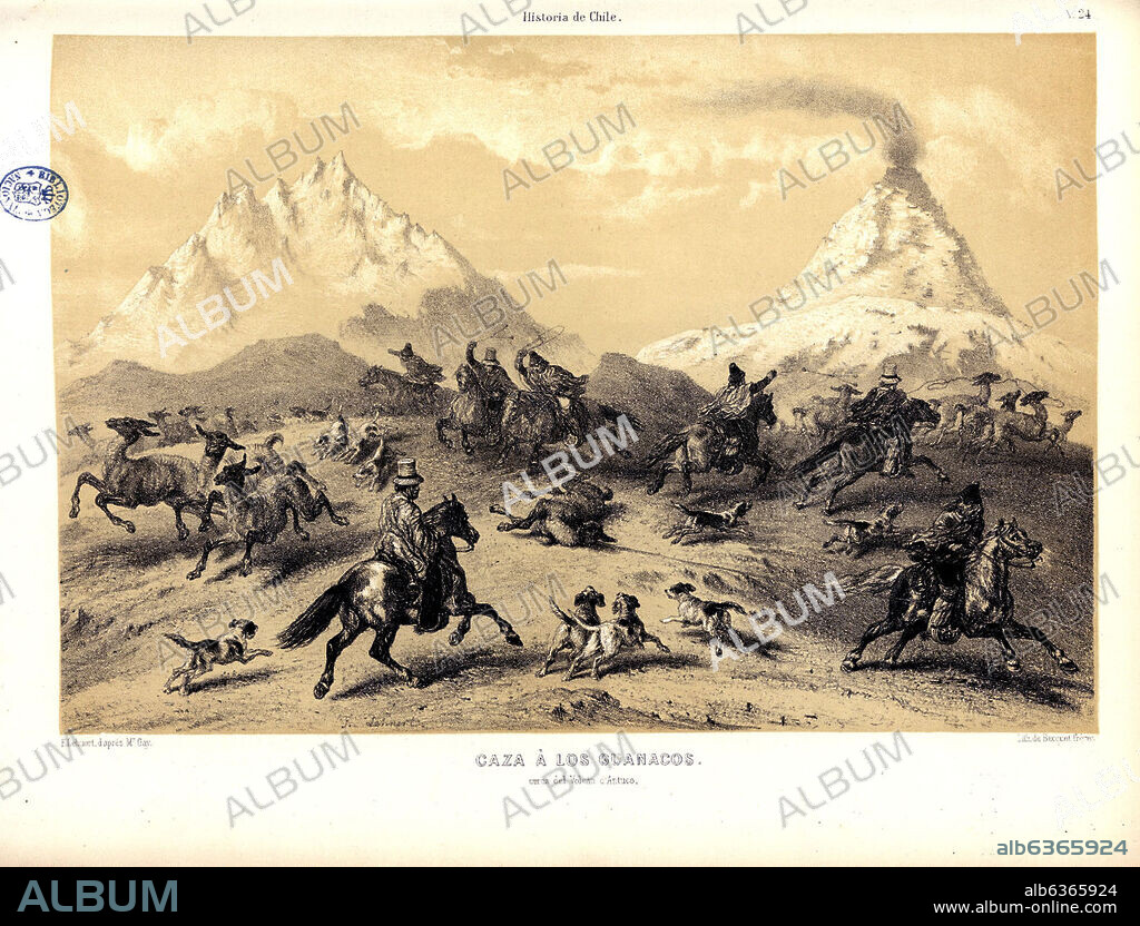 CLAUDIO GAY. CAZA DE LOS GUANACOS CERCA DEL VOLCAN D´ANTUCO EN ATLAS DE LA HISTORIA FISICA Y POLITICA DE CHILE, 1854.