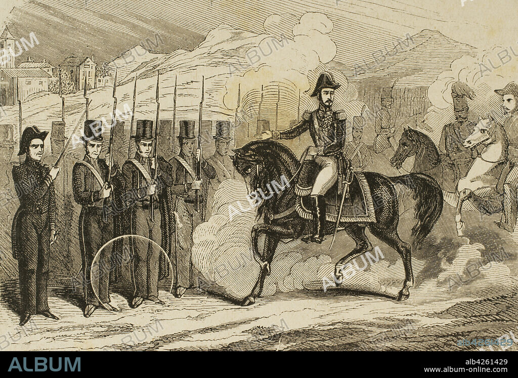 Joaquín Baldomero Fernández-Espartero Alvarez de Toro (1793-1879), llamado Baldomero Espartero. Militar y político español. El general Espartero, regente del Reino, citando a las Escuadras como modelo de lealtad en la revista general de 1842. Grabado. Historia de las Escuadras de Cataluña, 1876.