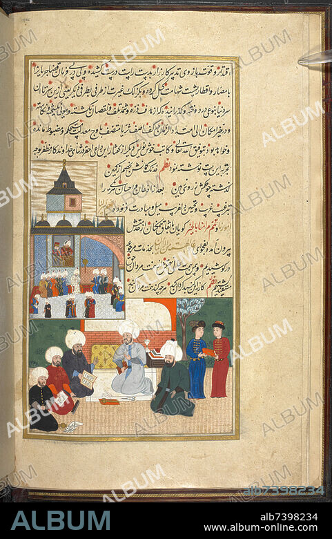 Luqman, Salim Khannamah 1687-1688. A grandiose metrical history of the reign of Sultan Selim II (r. 1566-74). written in Persian in 988 (1580) by the court poet Sayyid Luqman. This. copy was made for an unnamed person and presented in 1099 (1687/88). Contains eight miniatures (ff. 7v, 14r, 15r, 15v, 16r, 16v, 17r, 25v). Language : Persian. Material: Paper. Dimensions: 465 x 296 mm leaf. Binding: Elaborately gilt-tooled Islamic leather binding with flap; medallions with pendants, corner pieces and borders; red leather doublure.