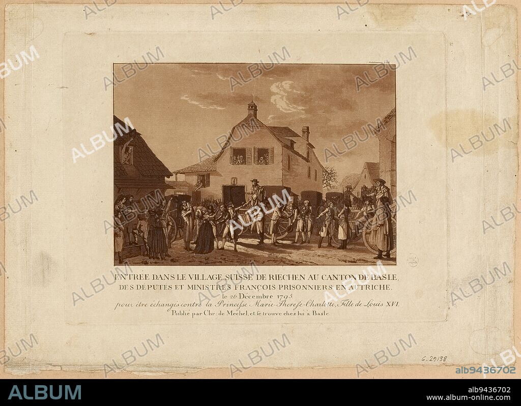 Entry into the Swiss village of Riechen in the canton of Basle, of the French deputies and ministers imprisoned in Austria, on December 26, 1795, to be exchanged for Princess Maria Theresa Charlotte, daughter of Louis XVI, Haldenwang, Engraver, Mechel, Christian von, Publisher, In 1836, Graphic arts, French Revolution, Print, Aquatint, Height: 25.2 cm, Width: 35.5 cm.