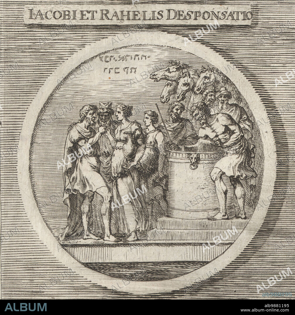 The betrothal of Jacob and Rachel in the Bible. Jacobi et Rahelis Desponsatio. Copperplate engraving after an illustration by Joachim von Sandrart from his LAcademia Todesca, della Architectura, Scultura & Pittura, oder Teutsche Academie, der Edlen Bau- Bild- und Mahlerey-Kunste, German Academy of Architecture, Sculpture and Painting, Jacob von Sandrart, Nuremberg, 1675.