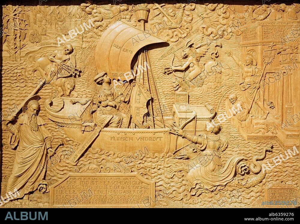 Dell, Peter d. Ä. geb. 1501. "Allegorie auf den christlichen Heilsweg", 1534. Ahornholz, gebeizt, in jüngerem Rahmen, 51 × 72 cm. Inv. Nr. Pl. O. 2069. Leihgabe der Stadt Nürnberg. Nürnberg, Germanisches Nationalmuseum.