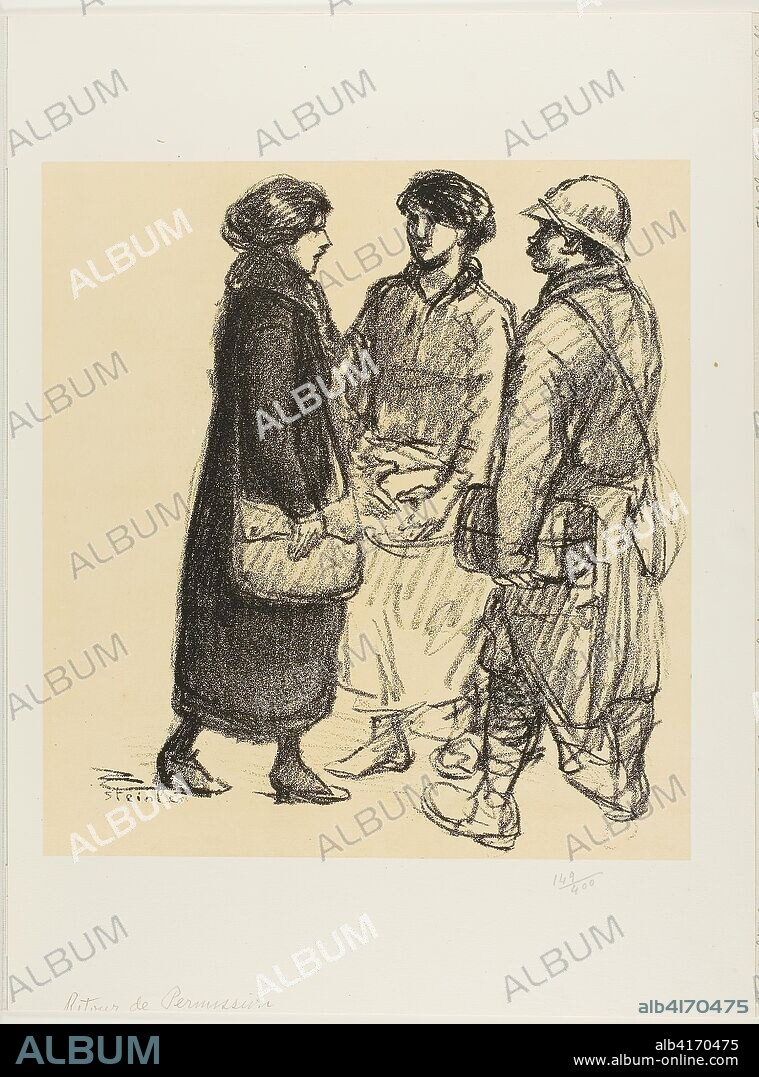 THéOPHILE-ALEXANDRE PIERRE STEINLEN. On Leave. Théophile-Alexandre Steinlen; French, born Switzerland, 1859-1923. Date: 1915-1917. Dimensions: 315 × 293 mm (image/tint); 454 × 339 mm (sheet). Lithograph in black with a fawn tint on thick off-white wove paper. Origin: France.