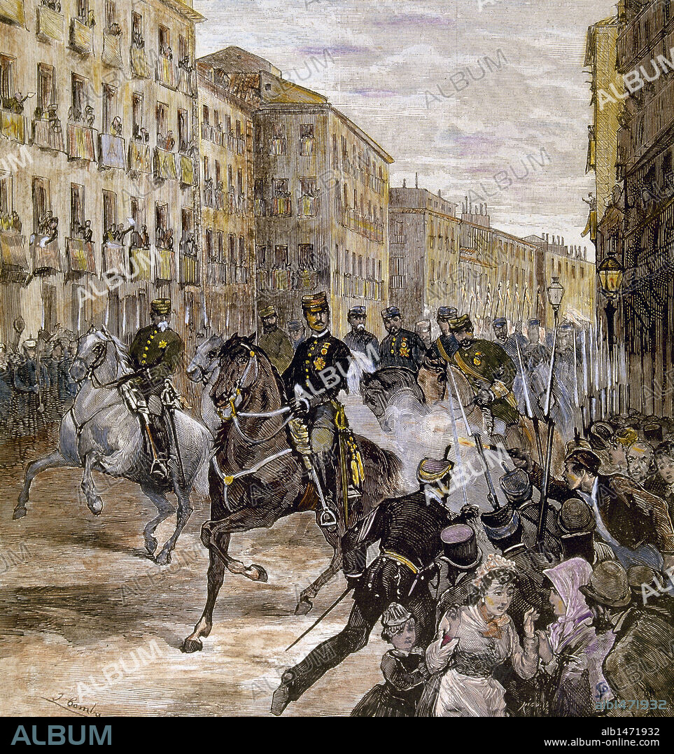 HISTORIA DE ESPAÑA. S. XIX. ATENTADO CONTRA EL REY ALFONSO XII (1857-1885). "EL CRIMINAL OLIVA DISPARA UN TIRO DE PISTOLA AL REY EN LA CALLE MAYOR" (1878). Grabado coloreado de "La Ilustración Española y Americana", por Comba.