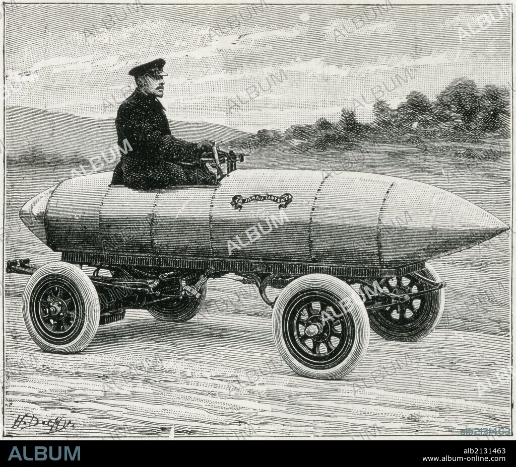 Camille Jenatzy (1868-1913) in his aluminium battery-driven electric car 'La Jamais Contente', 1899. (Photo by: Universal History Archive/UIG via Getty Images).