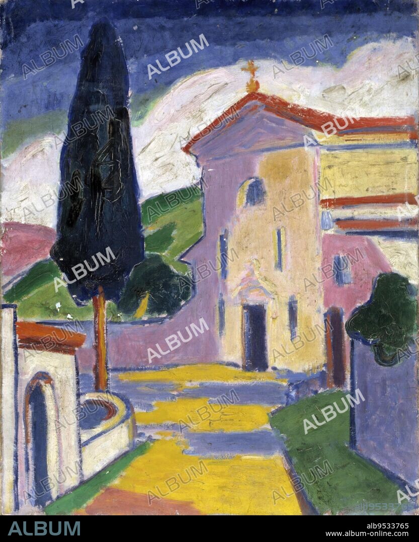 CARL NEWMAN. Church with Cedar Tree on Left. oil on canvas. Date: before 1932.
