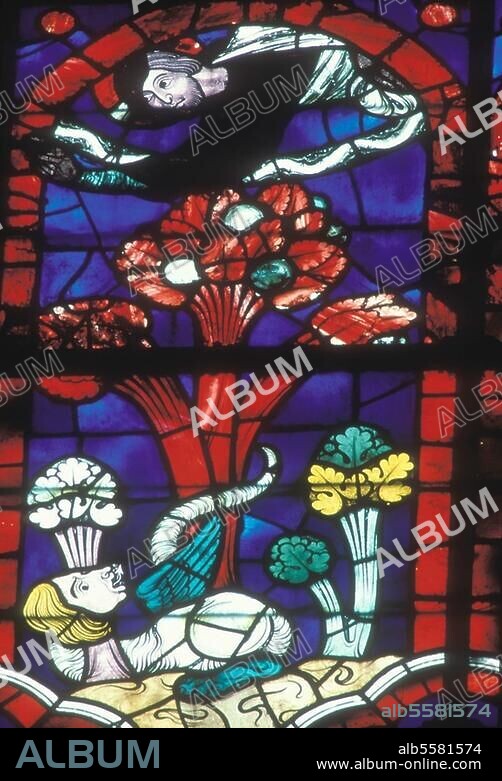 Soissons (Dép. Aisne, Frankreich), Kathedrale - Cathédrale Saint-Gervaiset-Saint-Protais, Glasfenster. Die Verfluchung der Schlange nach dem Sündenfall. Glasmalerei, französisch, 13. Jahrhundert.