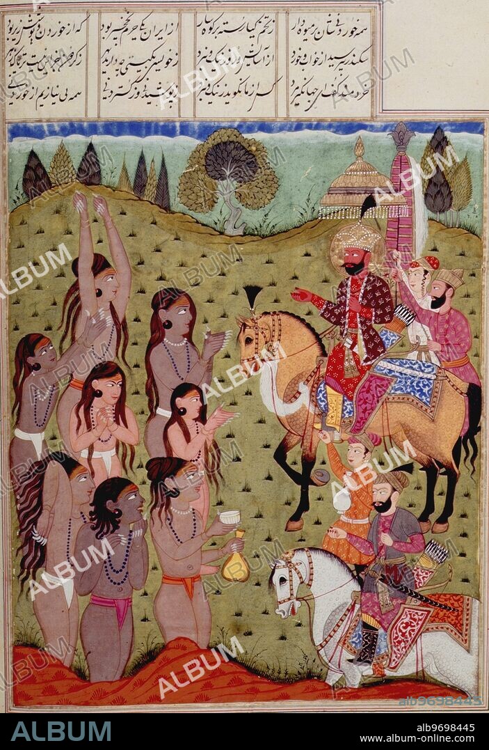 Iskandar (Alexander the Great) meeting the Brahmans, 1719. Alexander invaded the Punjab in 326 BC. Indian miniature painting from an eighteenth century manuscript of the latter half of the epic poem of Shahnama by Firdawsi.