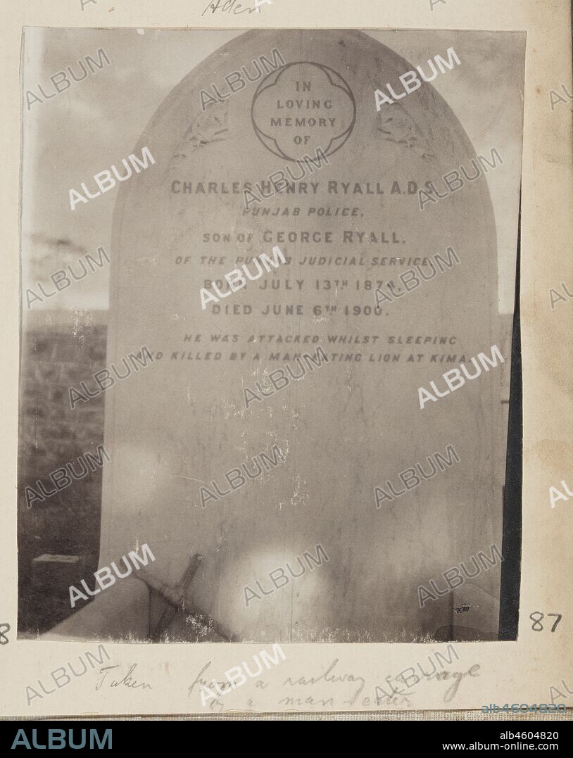 Kenya, Tombstone in Nairobi South Cemetery of Charles Henry Ryall, Superintendent on the Uganda Railway, who in 1900 was killed by a man-eating lion at Kima StationOriginal manuscript caption: Taken from a railway carriage by a man-eater, circa 1910. 2005/078/1/87.
