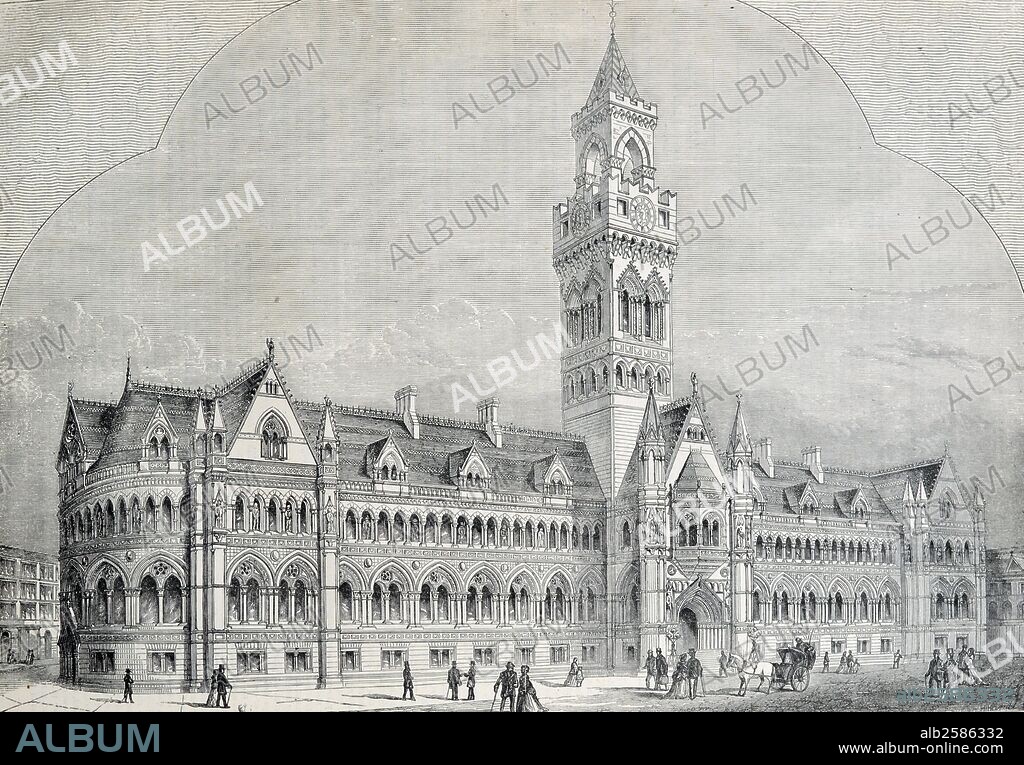 Engraving of the new town hall in Bradford. Known as Bradford City Hall, the building is a Grade I listed, 19th-century town hall in Centenary Square, Bradford, West Yorkshire, England, and is notable for its landmark bell/clock tower. Dated 1870 .