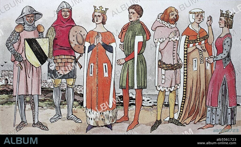 Kleidung, Mode, England im Mittelalter, Englische Kostüme des 14. Jahrhunderts, ähnlich der burgundisch-französischen Mode auf dem Festland, digital verbesserte Reproduktion einer Illustration aus dem 19. Jahrhundert.