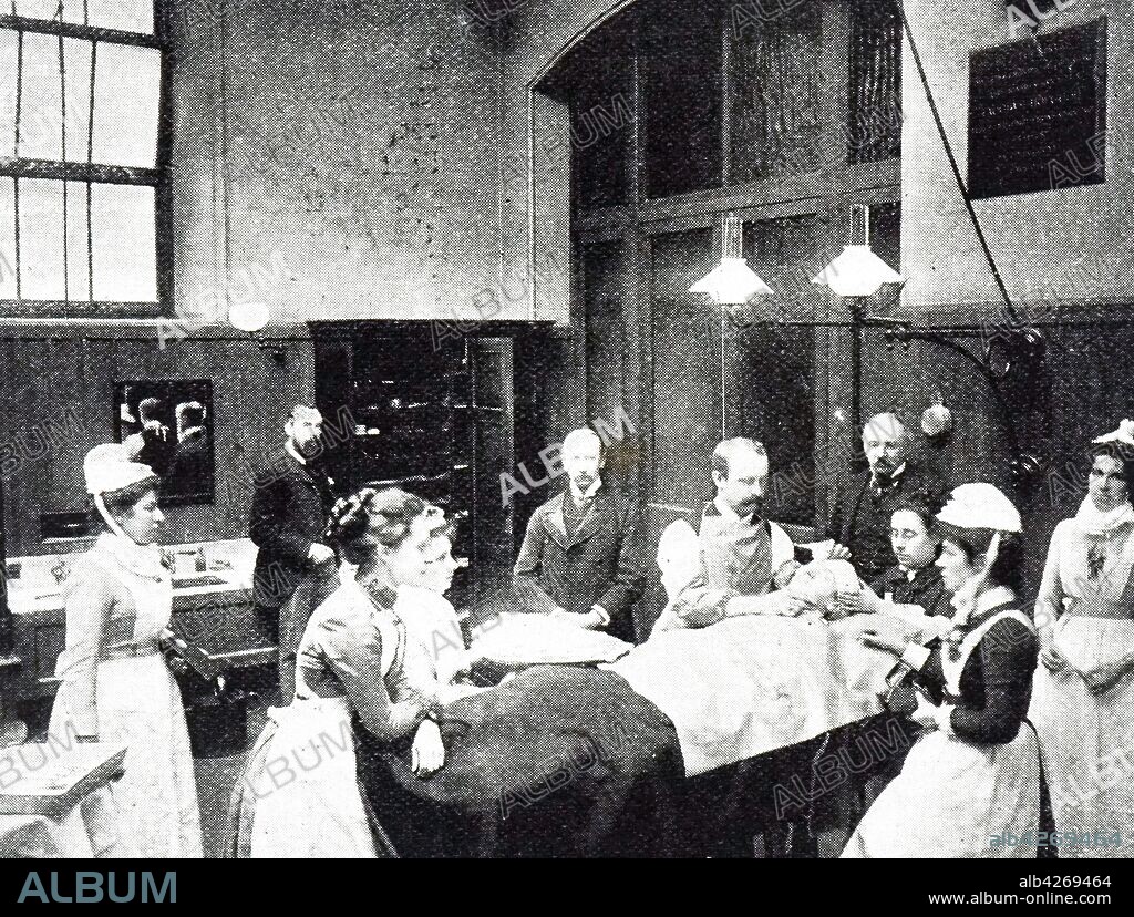 An engraving depicting the operating theatre at the Royal Free Hospital, London. The Royal Free Hospital was the first British hospital to allow women into the theatre. Dated 19th century.