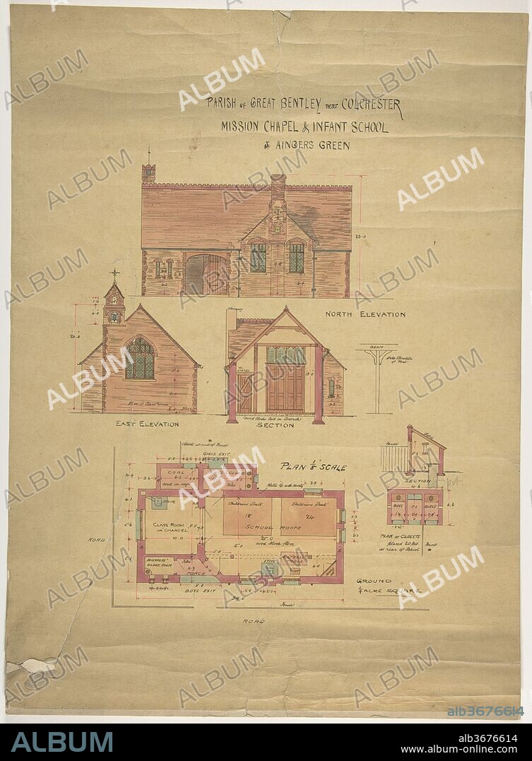 Elevation and Plan of Parish of Great Bentley near Colchester, Mission Chapel and Infant School at Angers Green. Artist: Ernest Geldart (British, London 1848-1929). Dimensions: Sheet: 16 x 12 in. (40.6 x 30.5 cm). Date: late 19th-early 20th century.