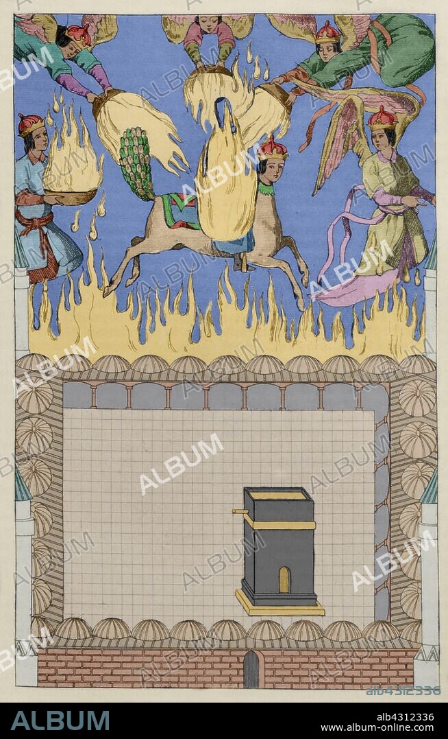 Mahoma, Muhammad b'Abd Allah, llamado (570/580-632). Fundador del Islam. Ascensión de Mahoma. Grabado. Panorama Universal. Historia de la Arabia,1851. Coloreado.