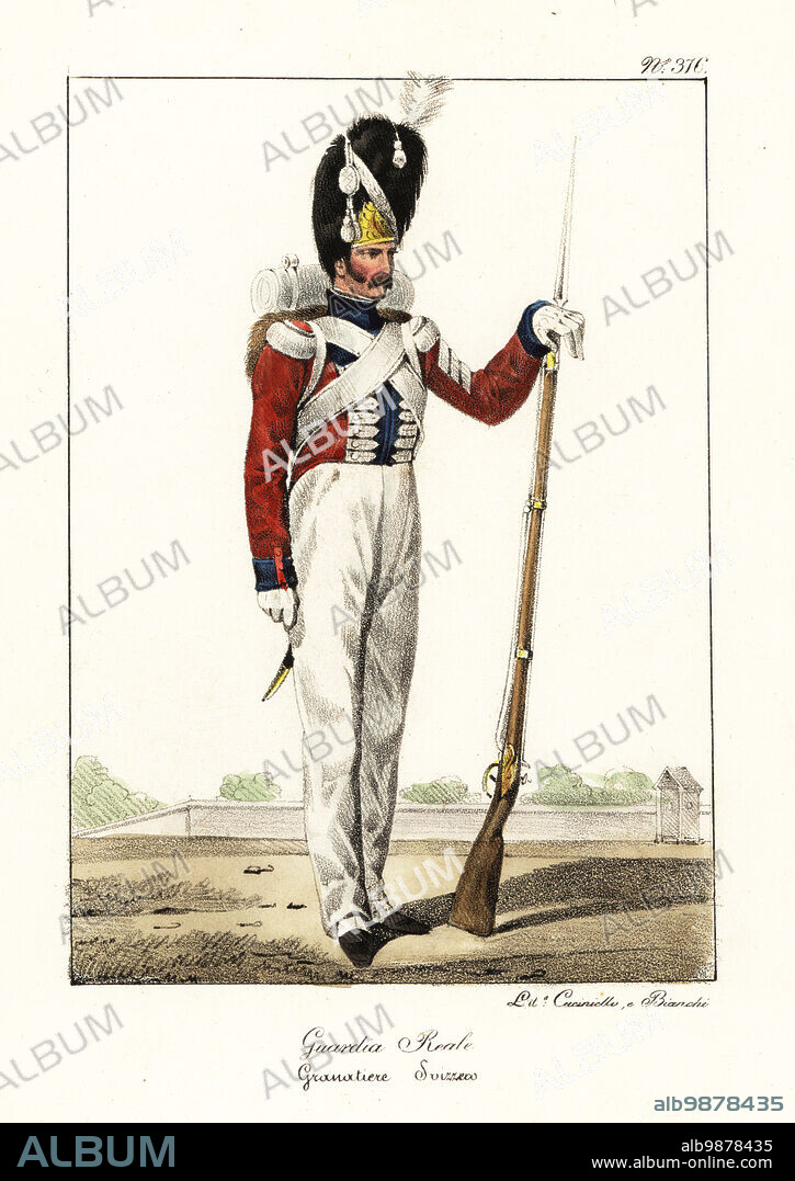 Grenadier in the Swiss Guard, French Royal Guard, Bourbon Restoration. In bearskin with brush, red coat with frogging and epaulettes, white pantalons, armed with musket and bayonet. Garde Royale. Grenadier Suisse. Handcoloured lithograph by Lorenzo Bianchi and Domenico Cuciniello after Hippolyte Lecomte from Costumi civili e militari della monarchia francese dal 1200 al 1820, Naples, 1825. Italian edition of Lecomtes Civilian and military costumes of the French monarchy from 1200 to 1820.