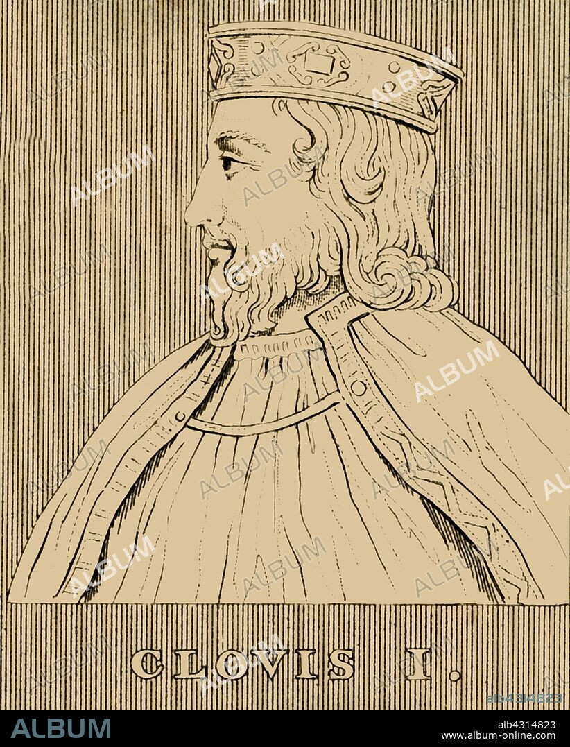 'Clovis I', (466-511), 1830. Clovis I, King of the Franks (466-511) the first king to unite all of the Frankish tribes under one ruler, considered the founder of the Merovingian dynasty. From "Biographical Illustrations", by Alfred Howard. [Thomas Tegg, R. Griffin and Co., J. Cumming, London, Glasgow and Dublin, 1830].