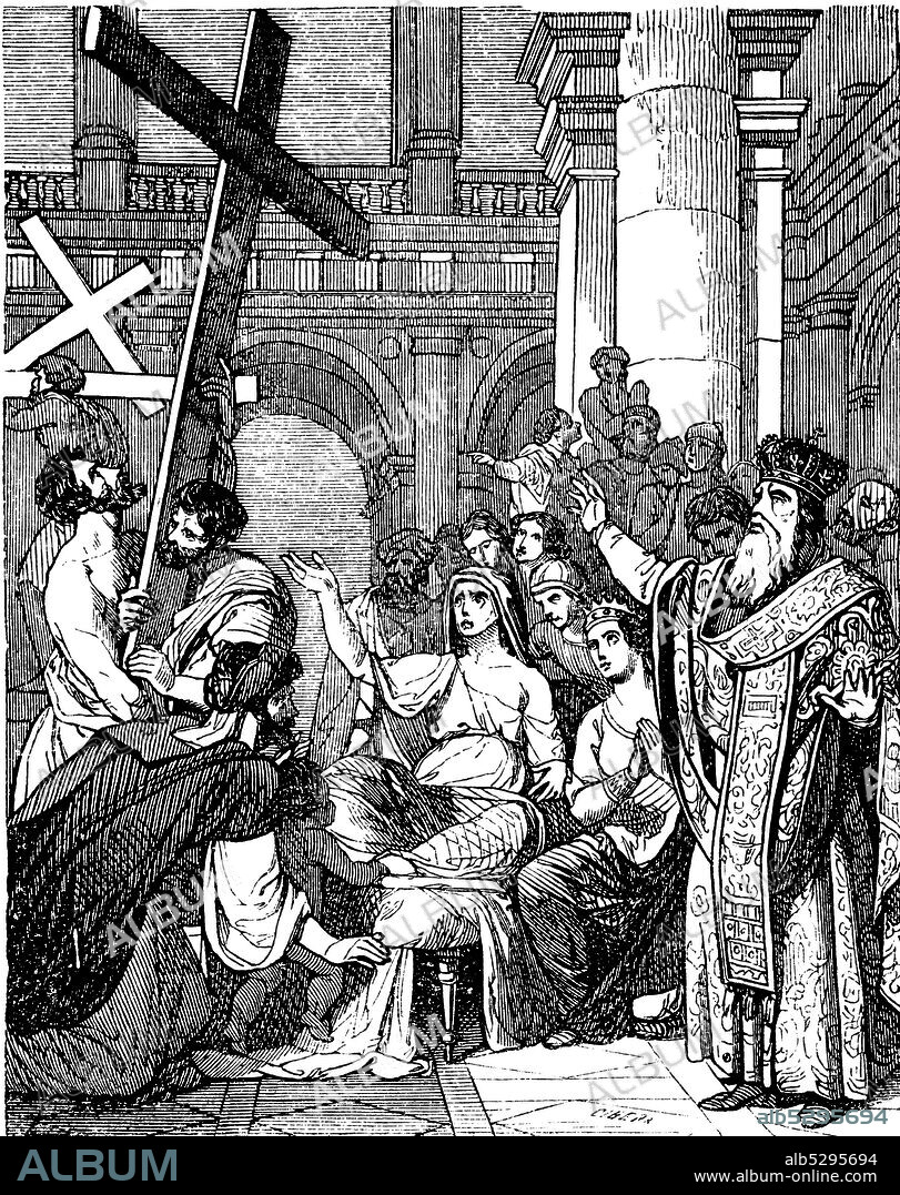 La instauración del rito de la Santa Cruz por Flavia Julia Helena (250-330), Santa Elena de la Cruz o Elena de Constantinopla (250-330), emperatriz romana, en el año 326, conmemorando el hallazgo de la verdadera cruz de Jesucristo. Grabado de 1852.