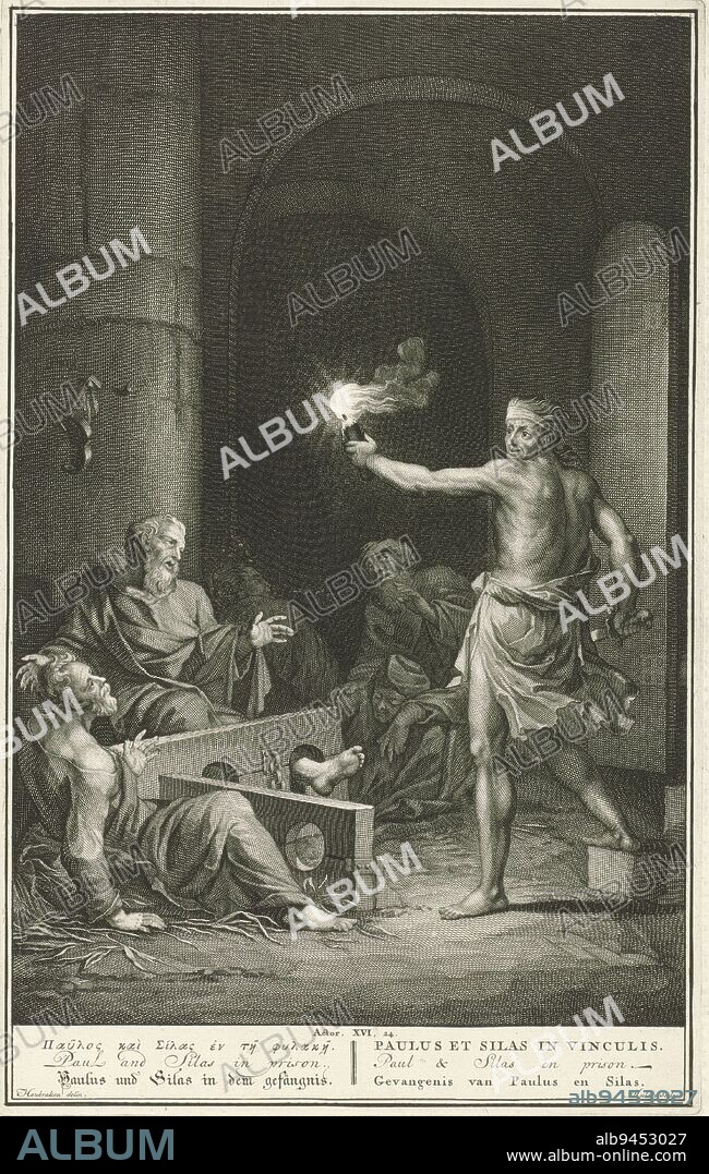 Paul and Silas in Prison, Joseph Mulder, after Arnold Houbraken, 1720 - 1728, Paul and Silas and their fellow prisoners are freed from their shackles by an earthquake. The jailer, seeing that all the doors have burst open, wants to commit suicide with his sword, but Paul and Silas dissuade him. Below in the margin a reference to the Bible text and title in Greek, English, German, Latin, French and Dutch., print maker: Joseph Mulder, (mentioned on object), intermediary draughtsman: Arnold Houbraken, (mentioned on object), Amsterdam, 1720 - 1728, paper, engraving, etching, h 353 mm × w 222 mm.
