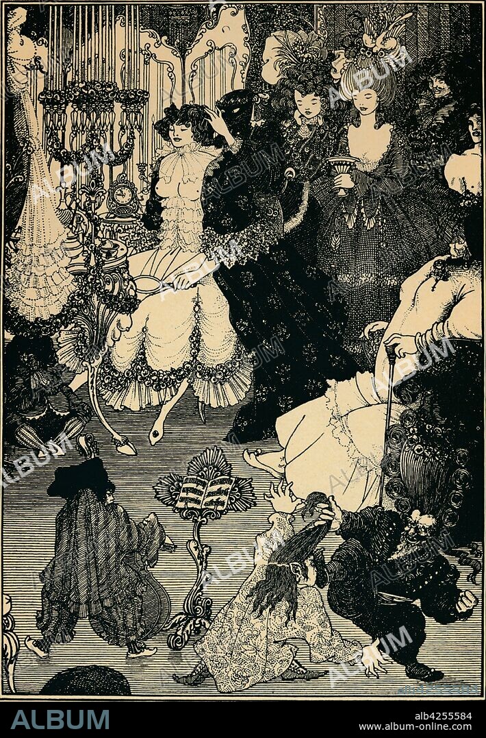 'The Toilet of Helen', 1890s, (1935). A bare-breasted Helen sits at the dressing-table as a veiled woman attends to her hair. Grotesque dwarf figures fight in the foreground. From "Under the Hill", an erotic story written and illustrated by Aubrey Beardsley. [John Lane, The Bodley Head Ltd, 1896]. Published in "Modern Masterpieces", Part 8. [George Newnes Ltd, London, 1935].