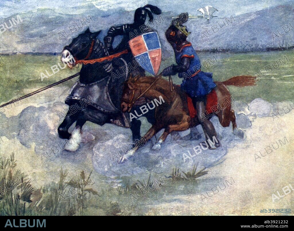 'Bruce lifted his battle-axe high in the air, then brought it crashing down upon the helmet of Bohun', 1314, (1905). King Robert the Bruce of Scotland kills Sir Henry de Bohun, an English knight, at the Battle of Bannockburn. Illustration from Our Island Story by H E Marshall, published by T C & E C Jack Ltd, (London and Edinburgh, 1905). The book gave a very biased and pro-British view of history.