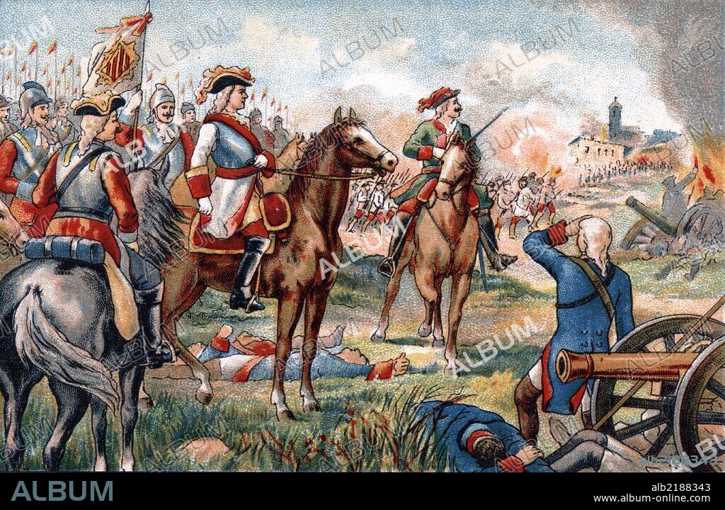 España. Catalunya. Guerra de Sucesión. Batalla de Almenara en 1710. El ejército internacional con tropas valenciano-catalanas almando del general Stanhope derrotó al ejército francés.