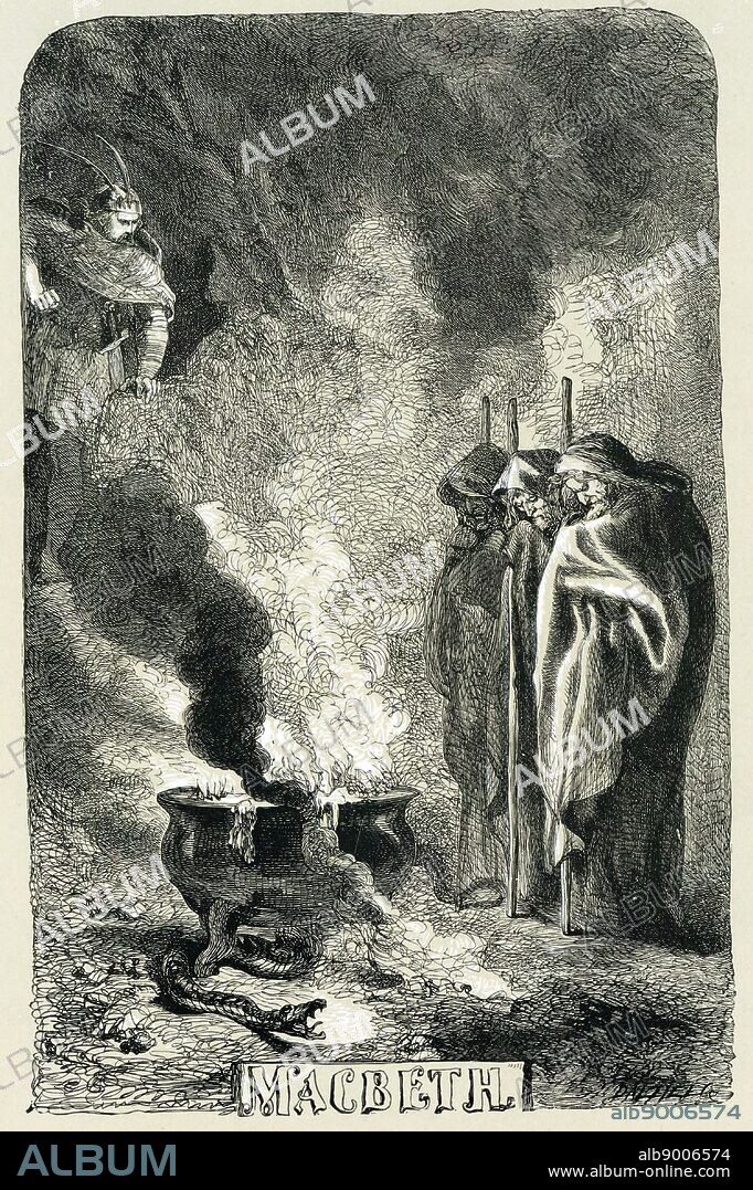 Macbeth visiting the Three Witches on the blasted heath. Title page by Sir John Gilbert for 'Macbeth' in an edition of Shakespeare's works London 1858. Wood engraving.
