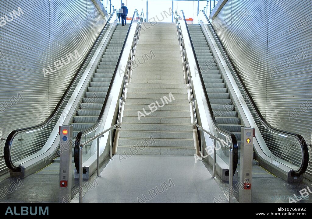 Escalators at Ansio station, Bilbao subway (designed by architect Normal Foster). Basque country, Spain.