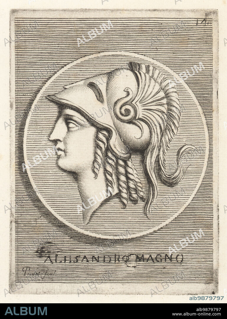 Profile portrait of Alexander the Great, Alexander III of Macedon, 356 323 BC, king of the ancient Greek kingdom of Macedon. Wearing a Corinthian helmet decorated with three feathers and a serpent. From a gold coin in the collection of Cardinal Camillo Massimo. Alessandro Magno. Copperplate engraving by Etienne Picart after Giovanni Angelo Canini from Iconografia, cioe disegni d'imagini de famosissimi monarchi, regi, filososi, poeti ed oratori dell' Antichita, Drawings of images of famous monarchs, kings, philosophers, poets and orators of Antiquity, Ignatio deLazari, Rome, 1699.