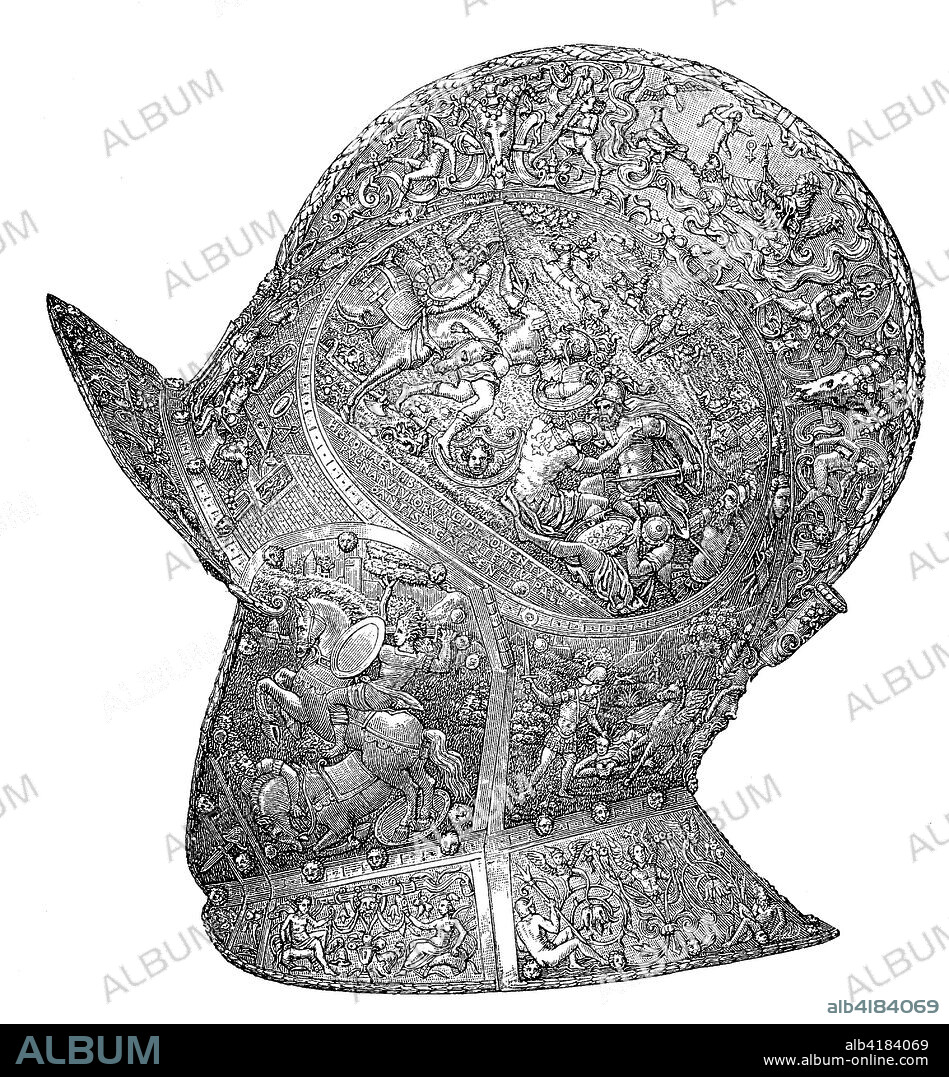 the burgonet helmet or burgundian sallet of Karl V., Renaissance-era, early modern combat helmet, historical image or illustration, published 1890, digital improved.