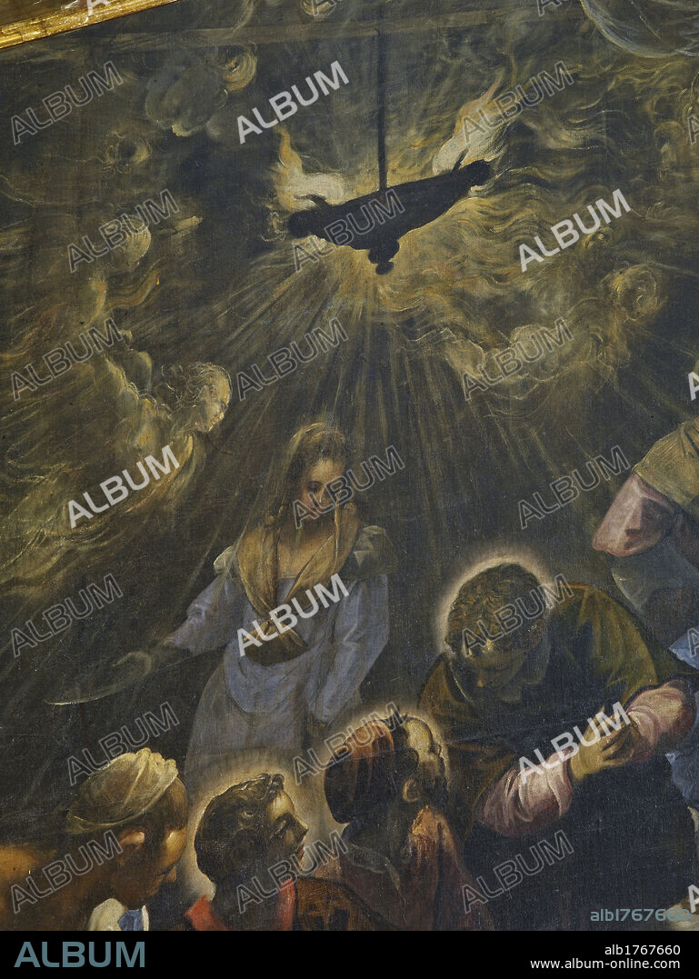 The Last Supper, by Jacopo Robusti known as Tintoretto, 1592-1594, 16th Century, oil on canvas, cm 365 x 568. Italy, Veneto, Venice, San Giorgio Maggiore Church. Detail. Last Supper heads apostles light rays light lamp woman Madonna angels, Photographic Campaign 2010.