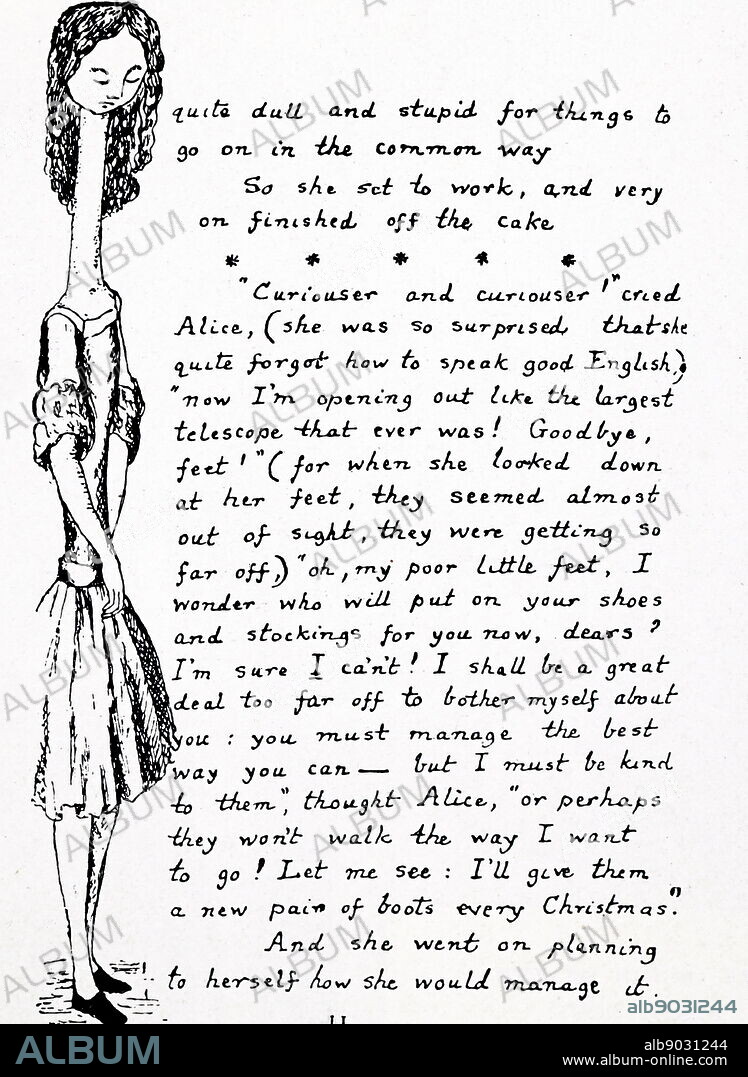 Illustration showing facsimile of the manuscript for 'Alice in Wonderland' by Lewis Carroll. Alice's Adventures in Wonderland (commonly shortened to Alice in Wonderland) is an 1865 novel written by English author Charles Lutwidge Dodgson under the pseudonym Lewis Carroll.