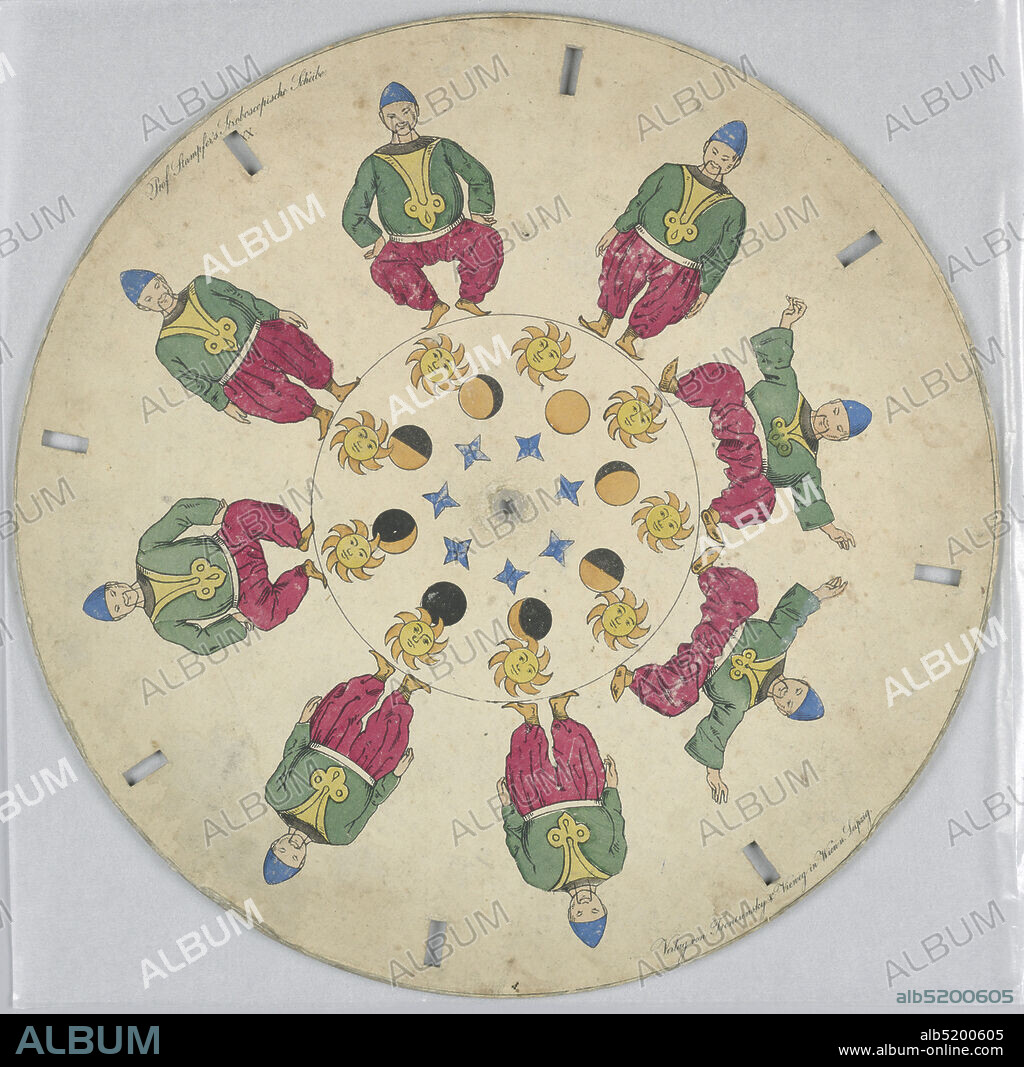 Phenakistiscope Disc with Dancing Man, Simon von Stampfer, Austrian, 1792 - 1864, Hand-colored lithograph on paperboard, Paper disc with a hole in the center, 8 rectangular perforations evenly spaced along perimeter for viewing. In the outermost ring, several still images show a dancing man in oriental costume in various stages of a low squat. In the innermost ring, a sun with a face orbits around a planet, showing the stages of day and night. Closest to the central perforation is a ring of blue stars at various angles., Vienna, Austria, ca. 1835, toys & games, Optical toy, Optical toy.