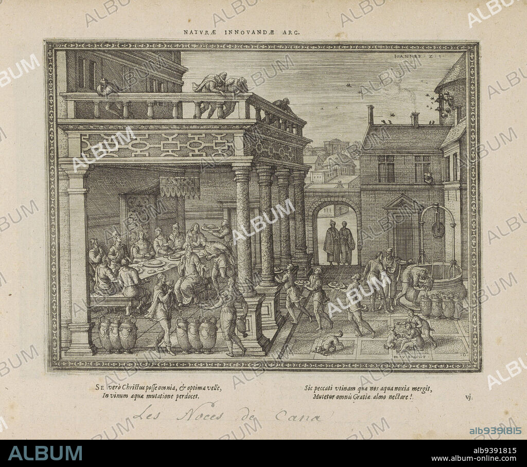 Wedding at Cana, Naturae innovandae arg. (title on object), Emblemata Novi Testamenti (series title), Emblemata Sacra è praecipuis utriusque testamenti historiis concinnata (New Testament) (series title), Imagines et figurae bibliorum (series title), Wedding at Cana where Christ turned the water in six stone vessels into wine. On the left, the wedding guests at the table. The bride is depicted with a crown on her head, the groom with nimbus. Christ gives the order to fill six vessels with water. On the right, the vessels are filled with the water from the well (John 2:1). With a motto in Latin above the image and a four-line caption in Latin below the print. The print is part of an album., print maker: Pieter van der Borcht (I) (mentioned on object), Bernardus Sellius, print maker: Antwerp, publisher: Amsterdam, 1582 - 1593 and/or 1613, 9: paper, letterpress printing, etching, height 188 mm × width 246 mm.