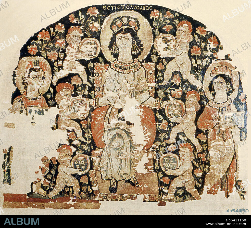 The Hestia Tapestry is a Byzantine-era pagan tapestry made in the Diocese of Egypt in the 6th century. It is now in the Dumbarton Oaks Collection in Washington DC. The Hestia tapestry, which is made of wool, is a late representation of the goddess Hestia. It shows the goddess enthroned with two attendants and six putti. The tapestry is identified in Greek as Hestía Polýolbos or Hestia full of Blessings and is depicted mainly through the use of pomegranate fruit. Her headdress and earrings are made from pomegranates while the blessings that Hestia gives out are in the form of the fruit.