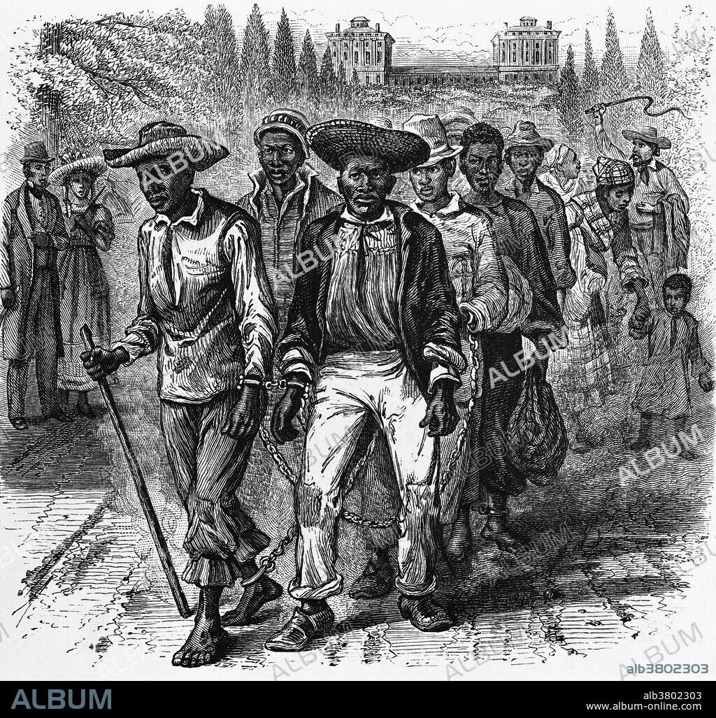 Entitled: "A slave-coffle passing the Capitol" engraving showing slaves wearing handcuffs and shackles passing the US Capitol, around 1815. A coffee is defined as a group of animals, prisoners, or slaves chained together in a line. The Atlantic slave trade took place across the Atlantic Ocean from the 16th through to the 19th centuries. The majority of those enslaved that were transported to the New World, were West Africans from the central and western parts of the continent sold by West Africans to Western European slave traders, or by direct European capture to the Americas. Slavery in the US was the legal institution of chattel slavery that existed in the USA in the 18th and 19th centuries. The US was polarized by slavery into slave and free states along the Mason-Dixon Line, which separated Maryland (slave) and Pennsylvania (free). Although the international slave trade was prohibited from 1808, internal slave-trading continued at a rapid pace, causing the forced migration of more than one million slaves from the Upper South to the Deep South in the antebellum years. The total slave population in the South eventually reached four million before abolition.