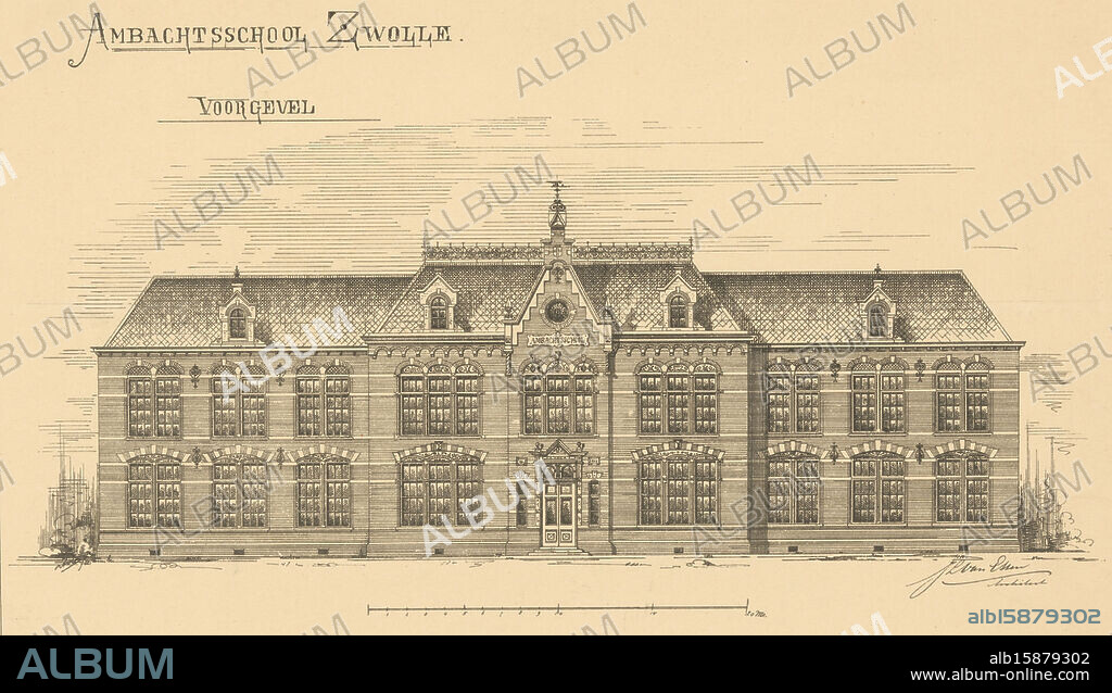 Reproduction of the drawing by J.L. van Essen with the Craft School in Zwolle that is under construction, Craft School Zwolle, front facade (title on object), Top: De Opmerker 1897, 32nd volume., Gerrit Jan Thieme, after drawing by: Jacobus Leonardus van Essen, publisher: Het Vaderland, The Hague, 1897, paper, photolithography, height 224 mm × width 331 mm, photomechanical print.