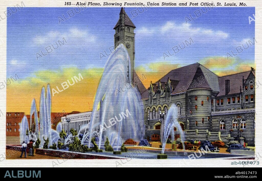 Aloe Plaza, St Louis, Missouri, USA, 1941. Postcard. View of Aloe plaza showing the fountain, Union Station and the Post Office. Cars are parked in the plaza, and water sprays from the fountains as people stand nearby.
