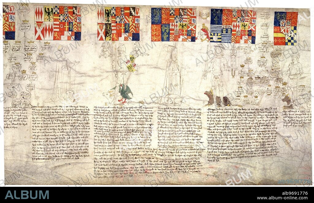 Rous Roll, Warwick, 1483-1485. Lady Anne Beauchamp, daughter of Richard Beauchamp, Earl of Warwick, with the Bear unmuzzled. Her husband, Richard Neville, Earl of Warwick, 'the Kingmaker'; at his feet the Pied Bull of Neville and Green Eagle of Monthermer.Their daughter Lady Isabel de Spencer, Duchess of Clarence, with the Bear unmuzzled at her feet. Her husband, George, Duke of Clarence, holding a castle, and the Livery Collar of Edward IV; at his feet, the Dun Cow of Warwick. Above, their coats of arms painted on square hatchments and biographical notices below. From the roll compiled by John Rous.