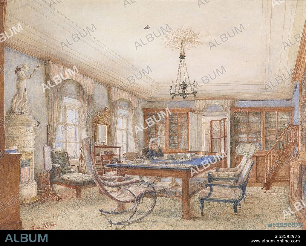 FRANZ ALT. Biedermeier interior with a man sitting at a table.