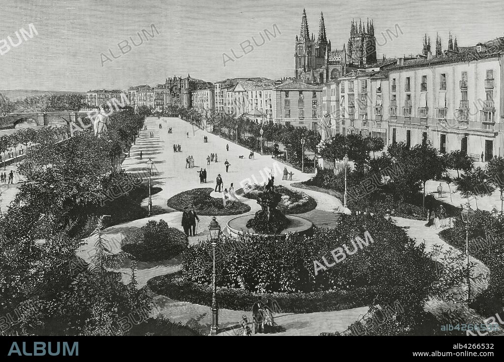 España. Castilla-León. Burgos. Paseo del Espolón. Grabado. La Ilustración Española y Americana. 22 de junio de 1881.