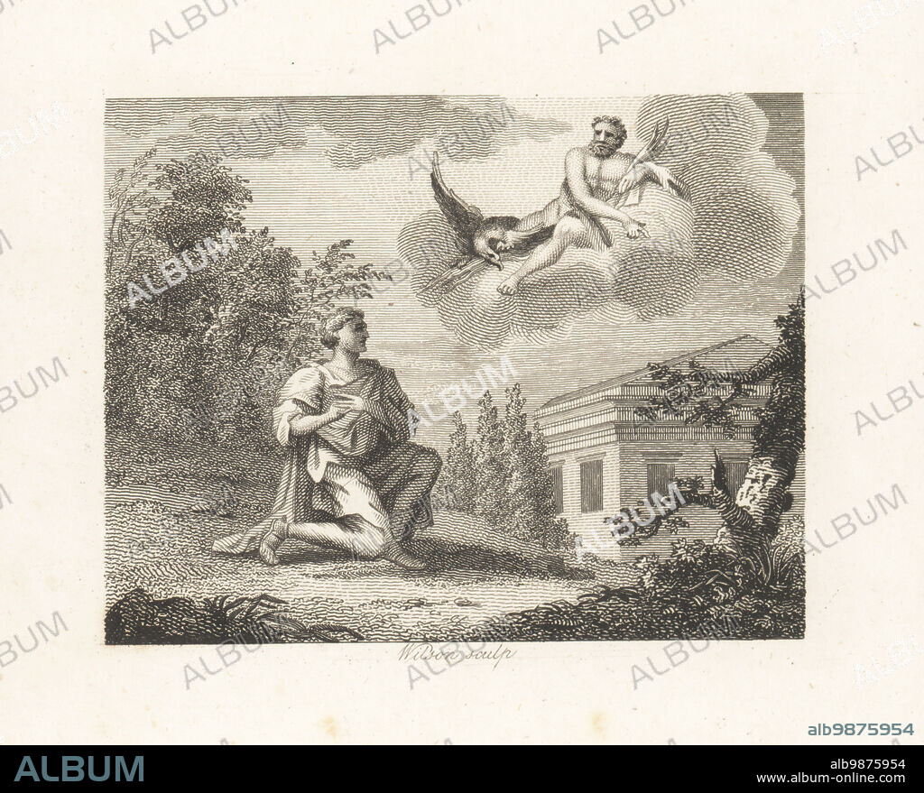 The Father and Jupiter. A man prays to the Roman god Jove in a clearing near a classical building. Jove with his eagle looks down from the clouds. Copperplate engraving by Wilson after an illustration by William Kent from Fables by John Gay, with a Life of the Author, John Stockdale, London, 1793.