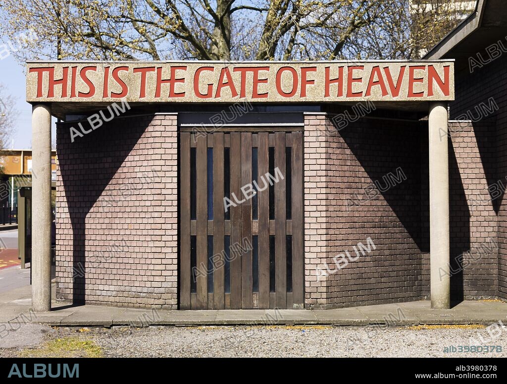 Entrance of the Church of St Paul, Bow Common, Tower Hamlets, London, 2011. The church was designed by Robert Maguire and Keith Murray and built between 1956 and 1960, with lettering above the doors by Ralph Beyer: This is the House of God, This is the Gate of Heaven.