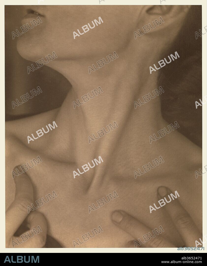 Georgia O'Keeffe -- Neck. Artist: Alfred Stieglitz (American, Hoboken, New Jersey 1864-1946 New York). Dimensions: 23.6 x 19.2 cm (9 5/16 x 7 9/16 in.). Date: 1921.
This photograph, one of more than three hundred images Stieglitz made of O'Keeffe (1887-1986) between 1917 and 1937, is part of an extraordinary composite portrait.  Stieglitz believed that portraiture concerned more than merely the face and that it should be a record of a person's entire experience, a mosaic of expressive movements, emotions, and gestures that would function collectively to evoke a life.  "To demand the portrait that will be a complete portrait of any person," he claimed, "is as futile as to demand that a motion picture be condensed into a single still.".