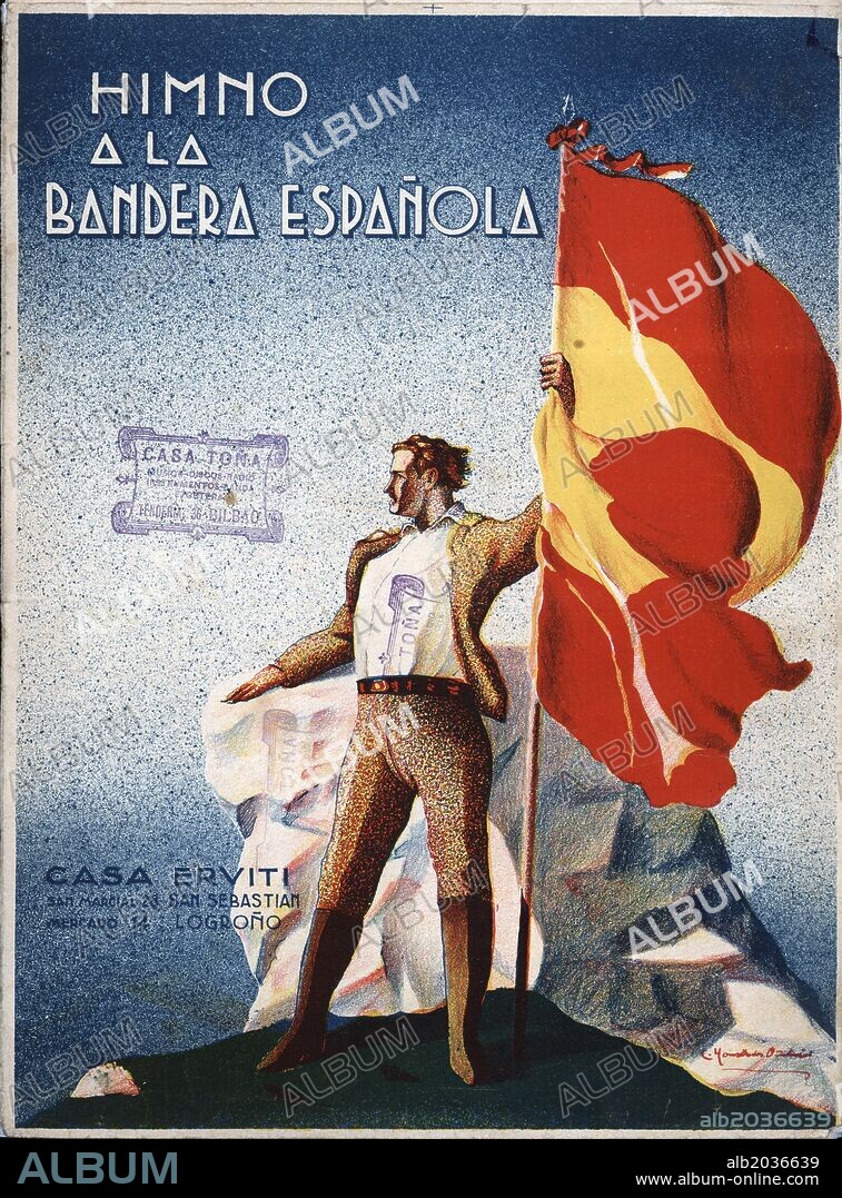 Partitura musical del Himno a la Bandera Española. Música de M. Baylos Albéniz, letra de Sinesio Delgado. Año 1906.