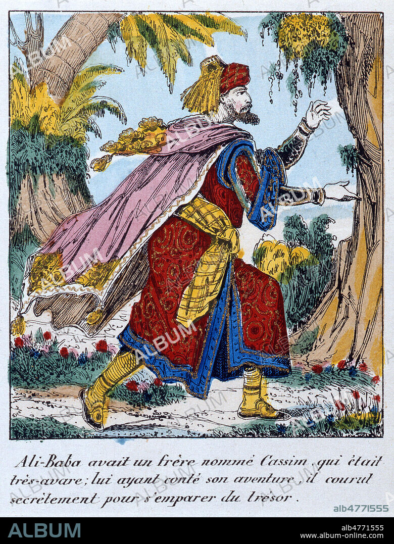 Cassim, le frere d'Ali-Baba, courut secretement s'emparer du tresor. Illustration anonyme vers 1850 pour une vignette de la planche d'imagerie Pellerin a Epinal Ali Baba et les quarantes voleurs. Credit : Coll. Jonas/Kharbine-Tapabor.