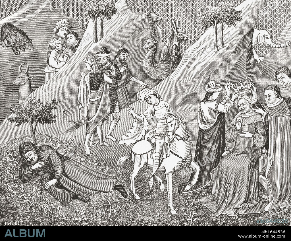 Coronation of the Great Khan, first king of Tartary. After a miniature from a 15th century manuscript Fleur des Histoires de la Terre d'Orient. From Science and Literature in The Middle Ages by Paul Lacroix published London 1878.